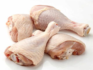 Isolated image of raw chicken drumsticks with a smooth skin texture and natural arrangement, set against a clean white backdrop, suitable for recipe illustrations