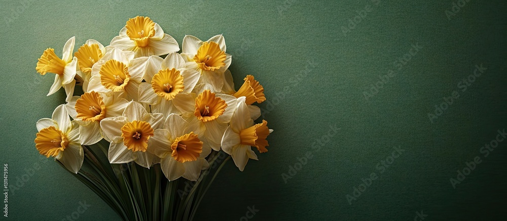 Poster Spring daffodils bouquet on a textured green background with soft lighting and vibrant yellow centers arranged elegantly in the lower left corner.