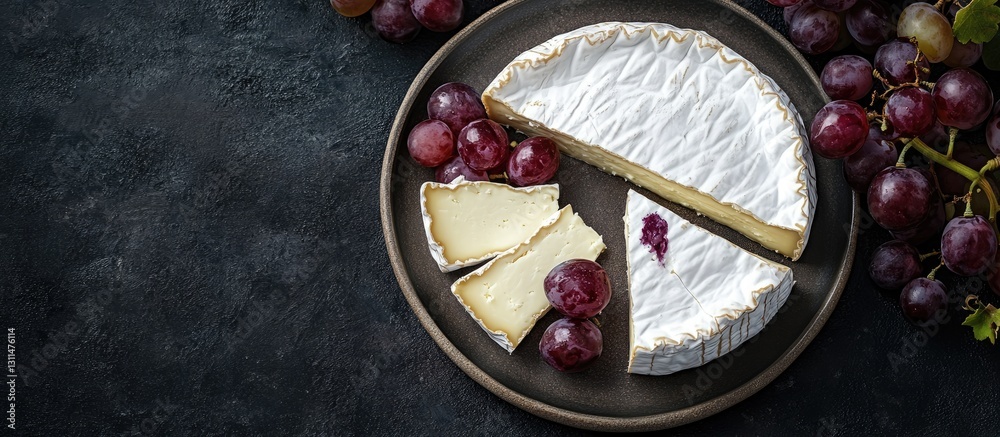 Poster camembert cheese with sliced portions on dark plate surrounded by grapes and plums top view bright l