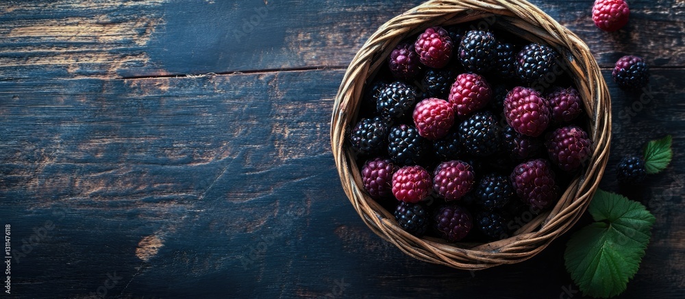 Poster fresh black raspberries in a woven basket centered on a dark wooden surface with vivid green leaves 