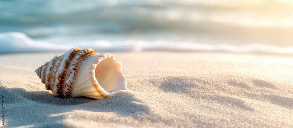 Poster close-up of a beautifully detailed seashell resting on soft sandy beach with gentle waves in the bac