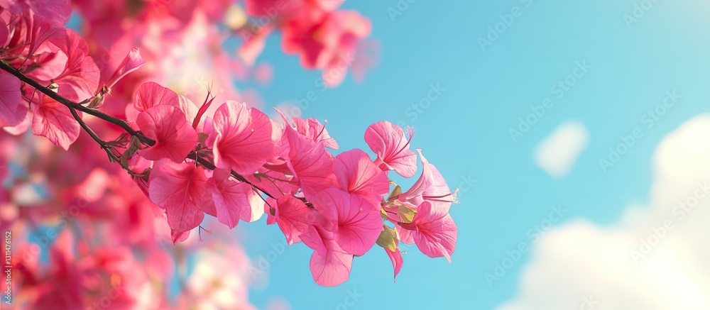 Poster vibrant pink bougainvillea bracts in full bloom against a clear blue sky with soft white clouds crea