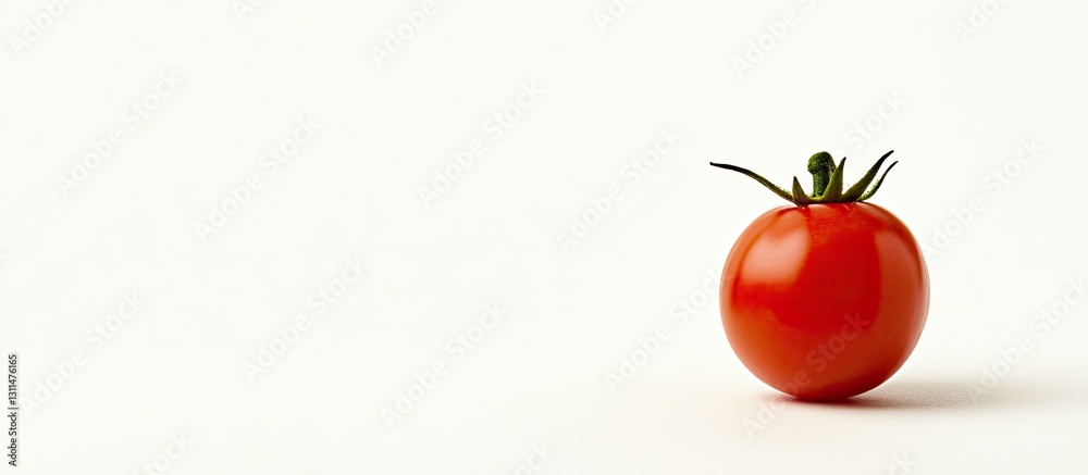 Poster fresh vibrant red cherry tomato on the left side of a soft white background with subtle shadows emph