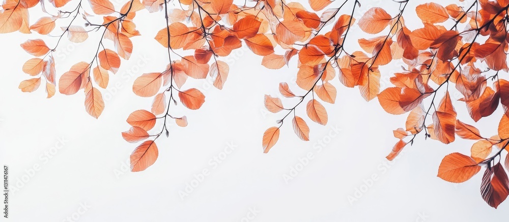 Poster autumn leaves in warm shades of orange and gold gently draping from the top edge against a clean whi