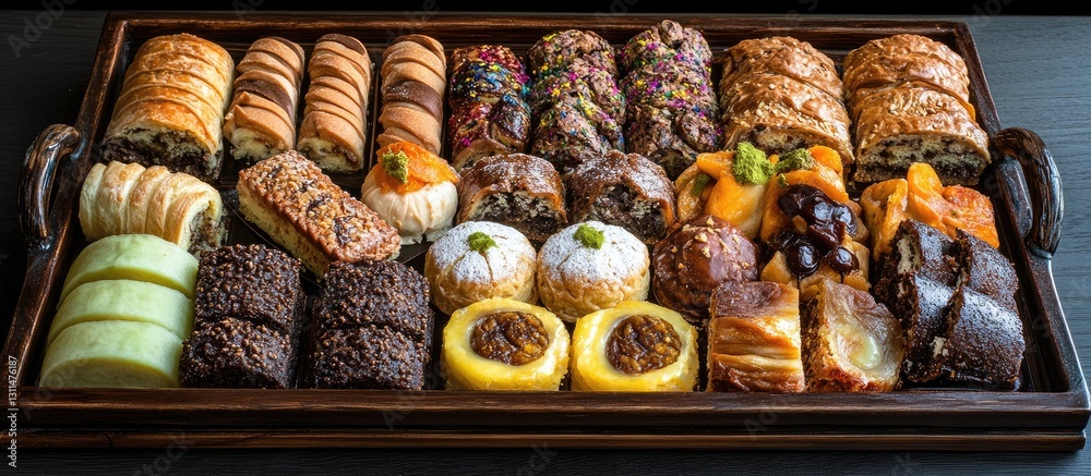 Poster Assorted Armenian pastry tray showcasing an array of colorful cakes and sweets artfully arranged on a dark wood tray