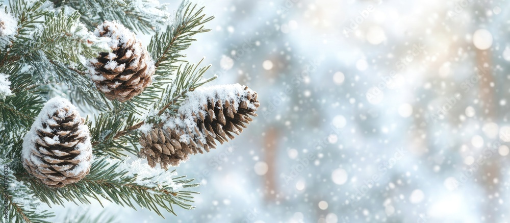 Aufkleber Snow-covered spruce branches with pine cones on the left, against a blurred snowy forest background with bokeh effect, ideal for text overlay.