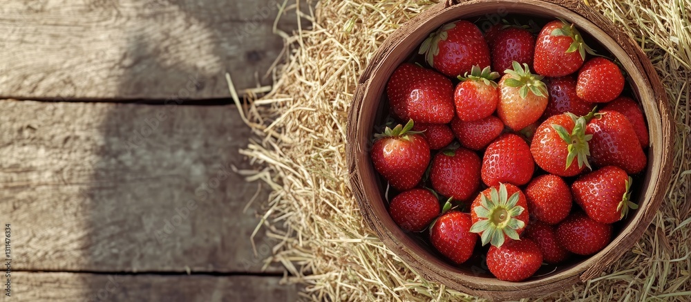 Poster wooden bucket overflowing with fresh ripe strawberries placed on a bed of straw with rustic wooden b