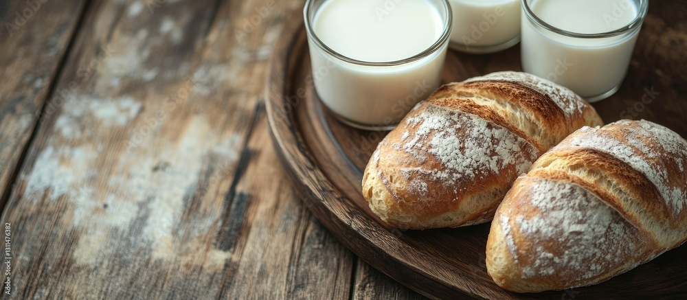 Poster breakfast setting featuring two fresh croissants with powdered sugar beside three glasses of milk on
