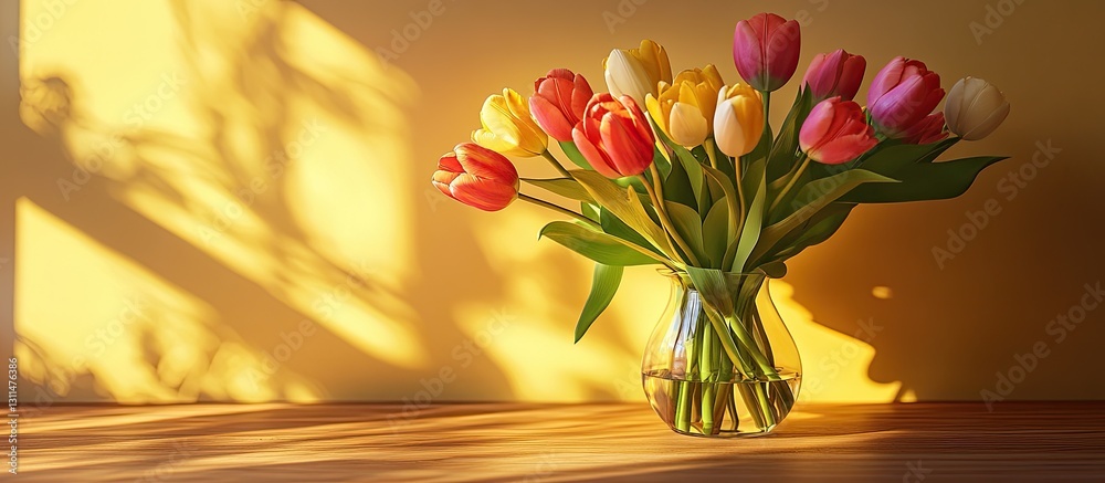 Poster Vivid multicolored tulips in a clear vase on a wooden table against a warm yellow wall casting soft shadows in evening light.