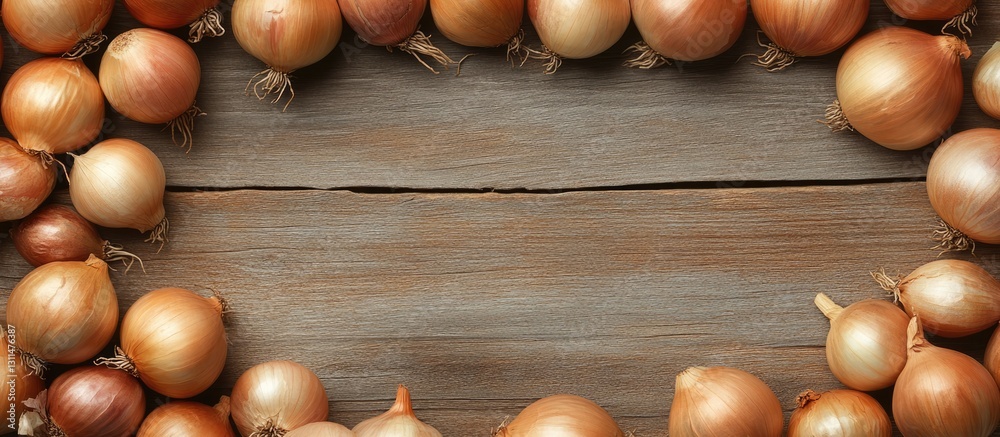 Aufkleber Fresh onions arranged in a circular frame on a rustic wooden surface with warm brown tones creating an inviting organic border design.