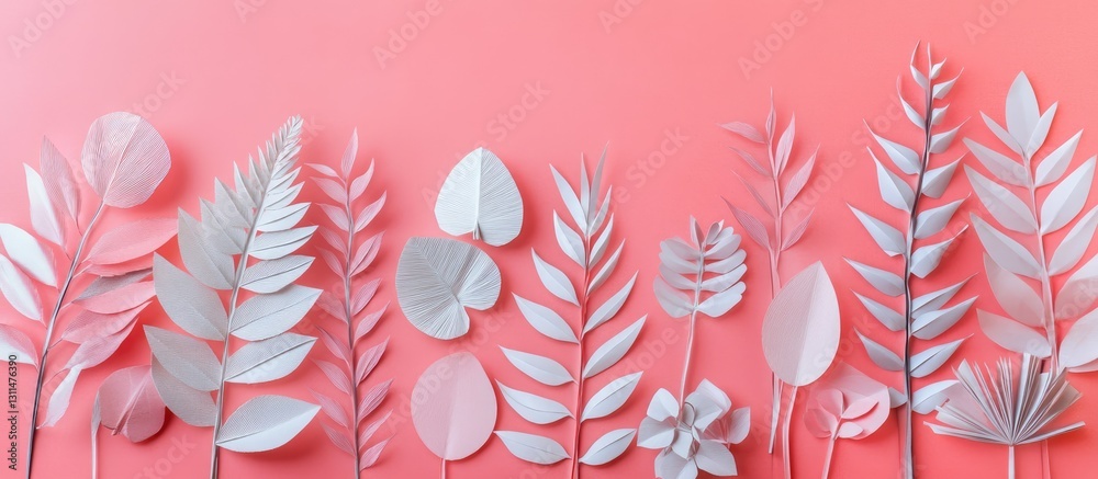 Aufkleber Variety of white paper leaves arranged on a vibrant pink background, displaying diverse shapes and sizes in a harmonious layout.