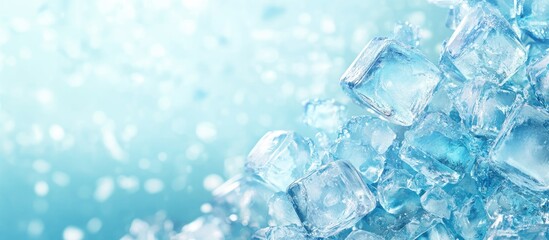 Glittering ice cubes on sparkling light blue background reflecting hues of aqua and white with scattered ice pieces creating a refreshing ambiance