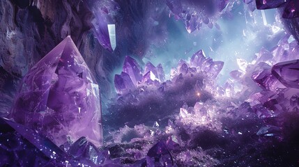 A mystical scene with glowing purple crystals in a cave.