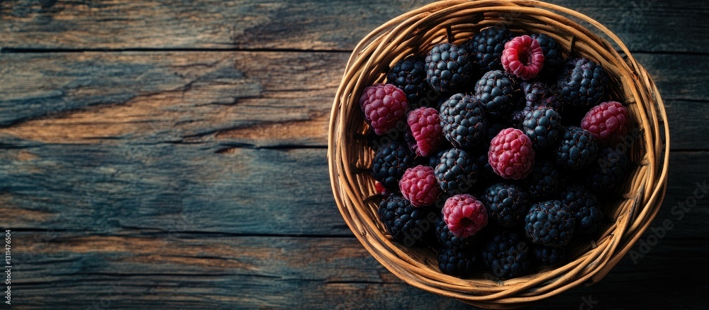 Poster Black raspberries in a woven basket on a dark wooden table with a rustic texture, vibrant colors and ample copy space in the frame