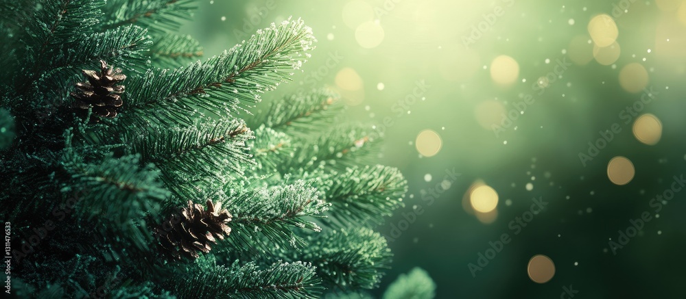 Poster Christmas tree branches with pine cones on left side against a blurred green background with soft bokeh lights and falling snowflakes.