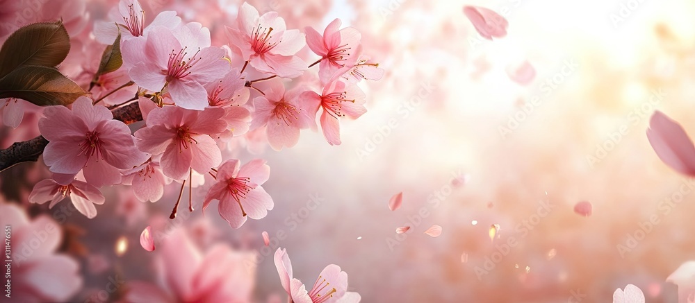 Poster delicate pink cherry blossoms scatter across a sunlit background with soft bokeh effects creating a 