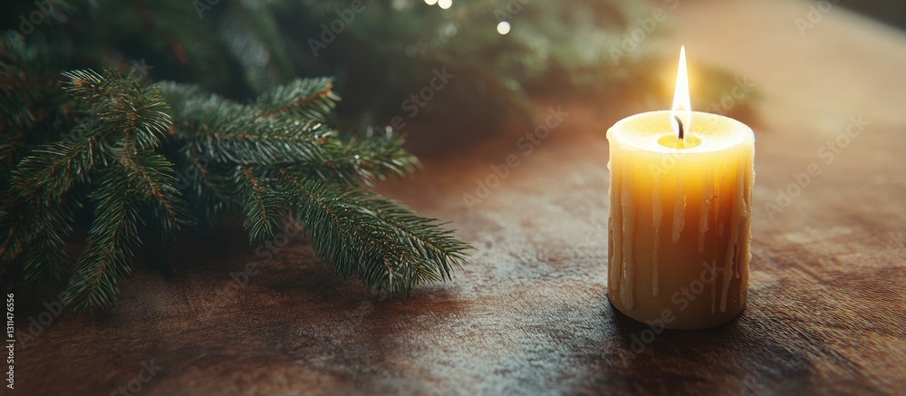 Aufkleber Candle illuminated on wooden surface with green fir tree branches nearby creating a warm festive atmosphere in soft focus background