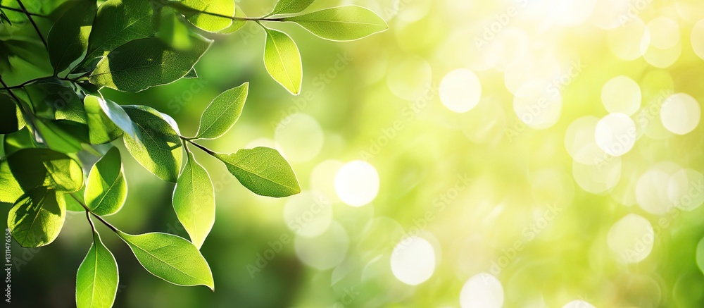 Aufkleber Lush green leaves in focused foreground create a vibrant bokeh background with soft golden sunlight and bright, sparkling light spots.