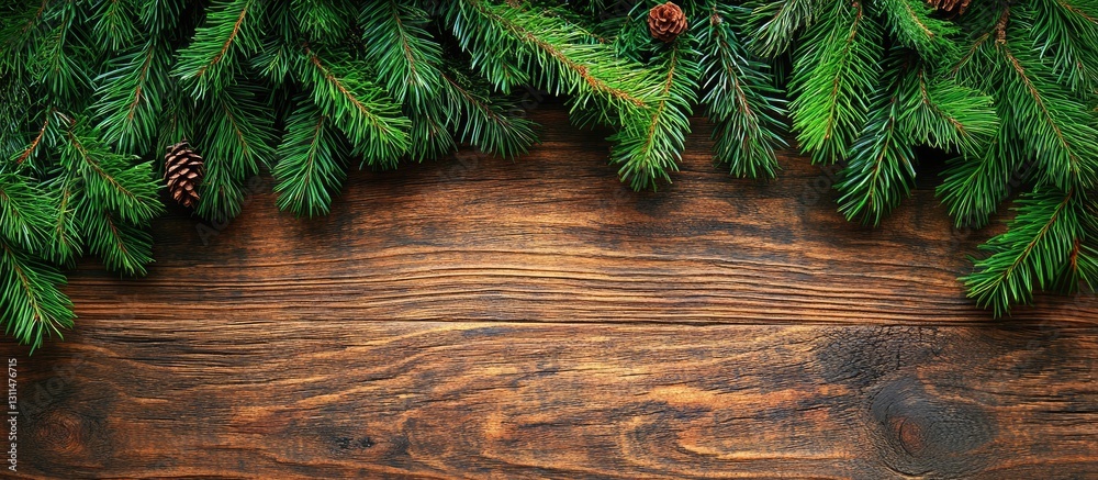 Poster fresh evergreen fir tree branches with pine cones border wooden background dark brown rustic touch b