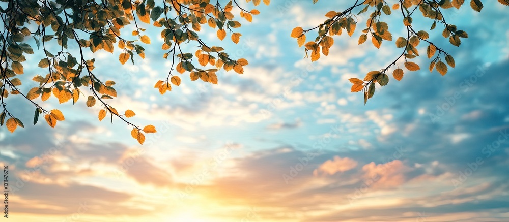 Poster branches of golden leaves against a blue and orange cloudy sunrise sky with ample copyspace at the t