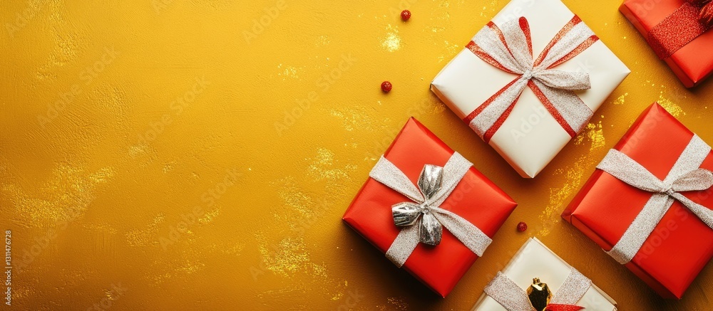 Poster festive red and white christmas gift boxes with ribbons arranged on a textured golden background cre