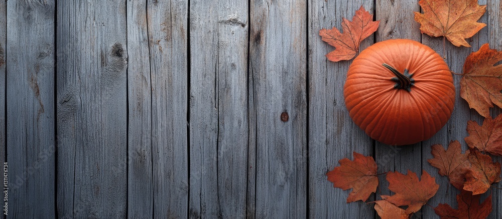 Poster autumn leaves in deep orange surrounding a vibrant pumpkin on a weathered gray wooden background wit