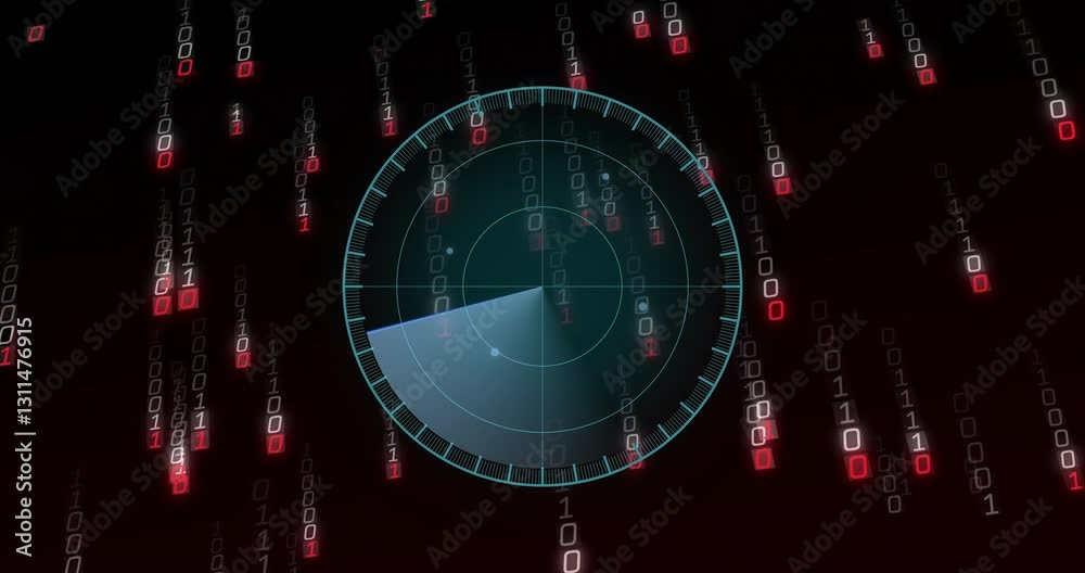 Poster radar scanning animation over falling binary code in digital environment