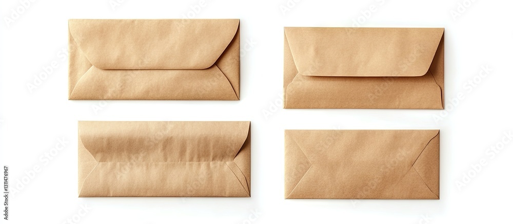 Poster Set of four brown envelopes arranged on a white background showcasing various styles and angles with a sleek and minimalistic presentation.