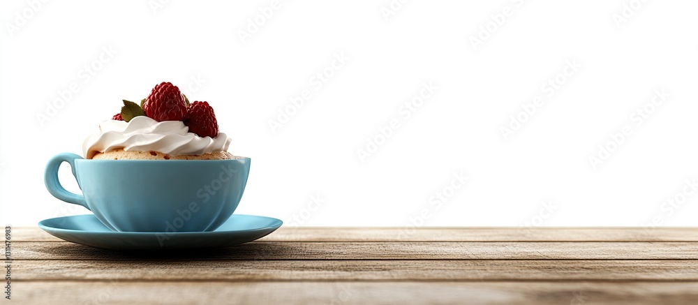 Poster cappuccino in a light blue cup with whipped cream and raspberries on a rustic wooden table against a
