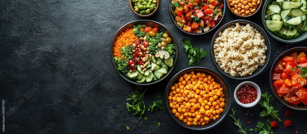 Poster assorted bowls filled with colorful fresh vegetables and grains on a dark textured surface with gree