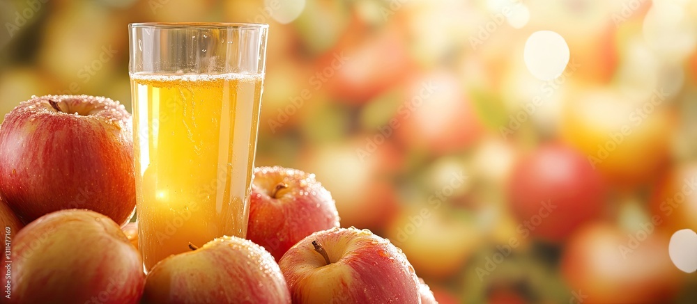 Poster vibrant apples piled at the base with a clear glass of fresh apple juice in the center, warm yellow 