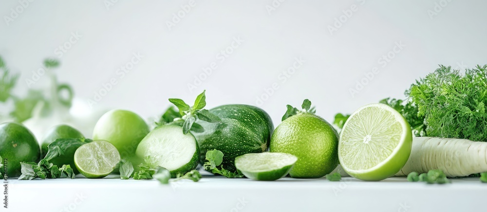 Poster fresh assortment of green vegetables and fruits including cucumbers limes and herbs arranged on a wh