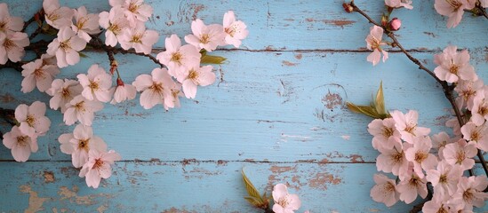 Delicate pink cherry blossoms cascading over a weathered blue wooden backdrop, creating a serene and nostalgic floral composition.