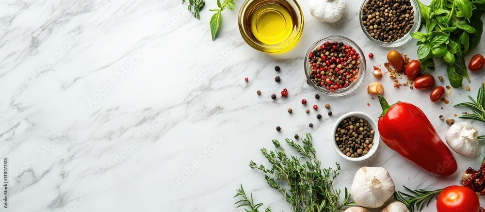 Poster fresh vegetables herbs and spices arranged on a light marble table with olive oil in a glass bowl an