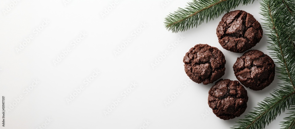 Poster Chocolate crinkle cookies arranged in a cluster with a green fir branch on a light white background creating a festive holiday ambiance.