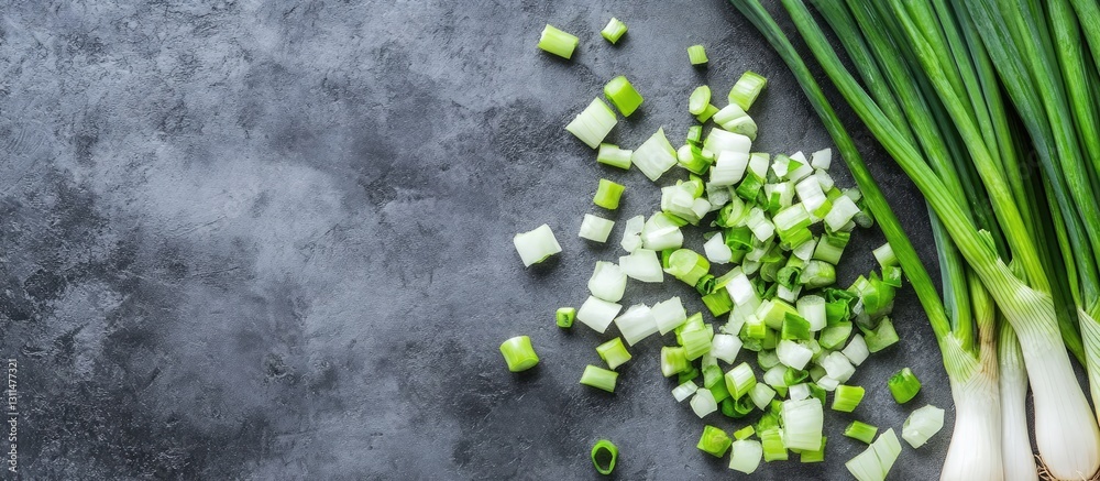 Poster chopped green onions and stems on a textured grey surface with scattered green and white pieces on t