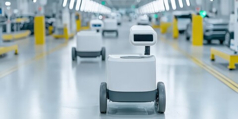 Obraz premium maintenance technical efficiency optimization concept. Robots navigating a modern industrial facility.