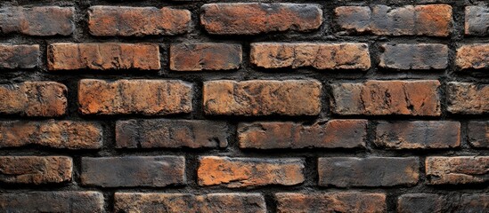 Naklejka premium Brown and dark gray brick wall texture with uniform rectangular bricks arranged horizontally, offering ample copy space in the center.