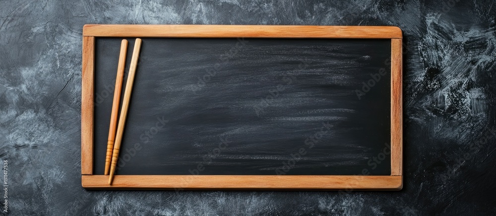 Poster Chalkboard with wooden frame and chopsticks on dark textured background, horizontal layout offering ample copy space for text or design