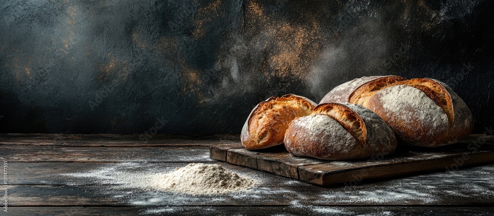 Poster freshly baked artisan bread loaves on a dark wooden table with flour dust scattered around creating 