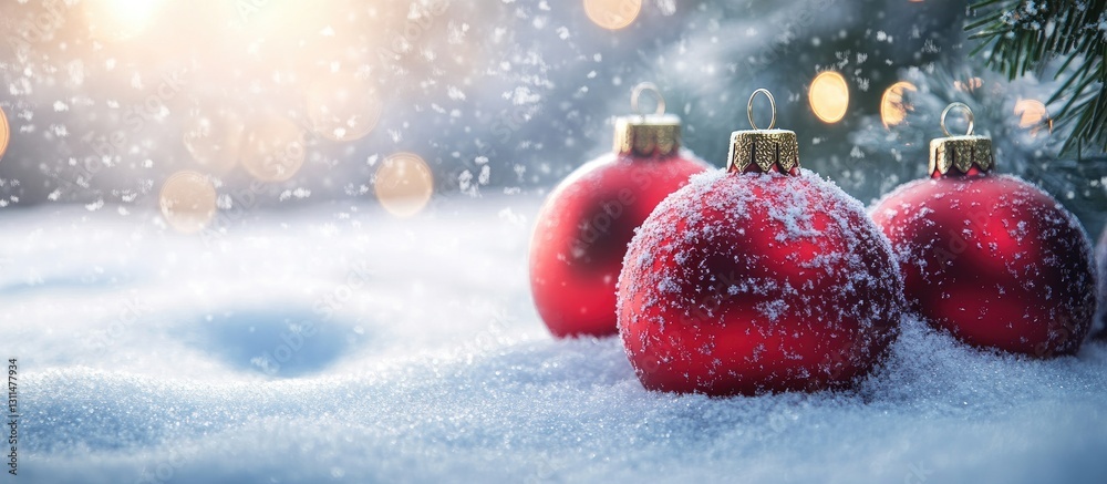 Aufkleber Red Christmas ornaments with gold caps resting in soft white snow, sparkling bokeh background with cool tones, creating a festive winter scene.