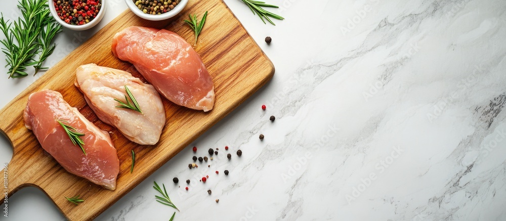 Poster raw chicken breasts on a wooden cutting board with rosemary and spices placed on a marble countertop