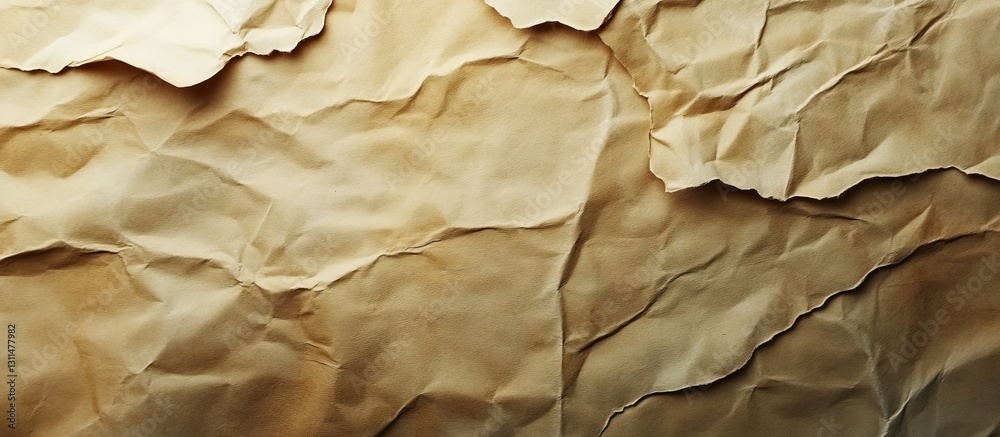 Poster crinkled aged paper texture in warm beige and tan tones with deep creases and folds creating a natur