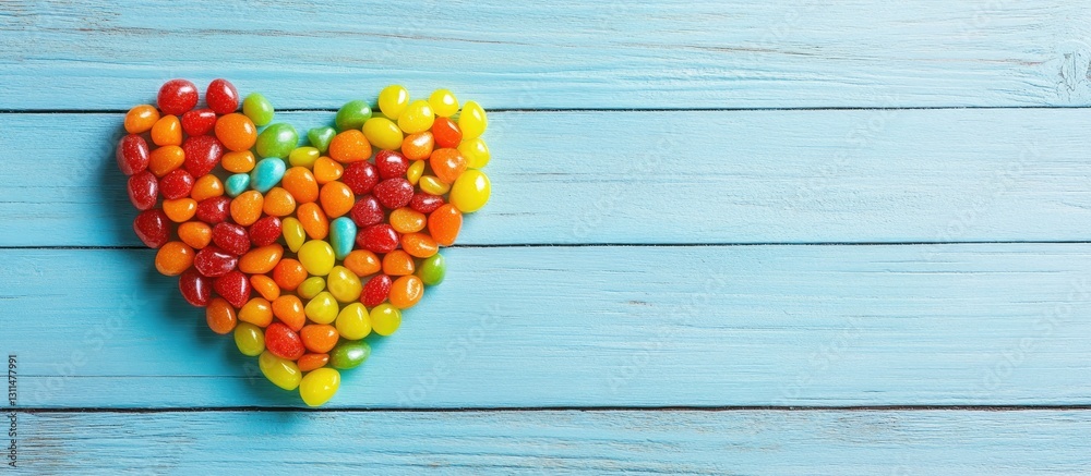Poster Vibrant multicolored gumdrops arranged in a heart shape on a light blue wooden background with ample copyspace on the right side for text placement.