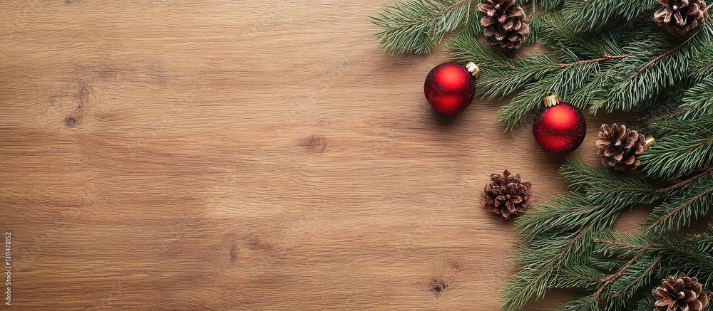 Aufkleber christmas decoration with red ornaments and pine cones on wooden surface with green fir branches on 