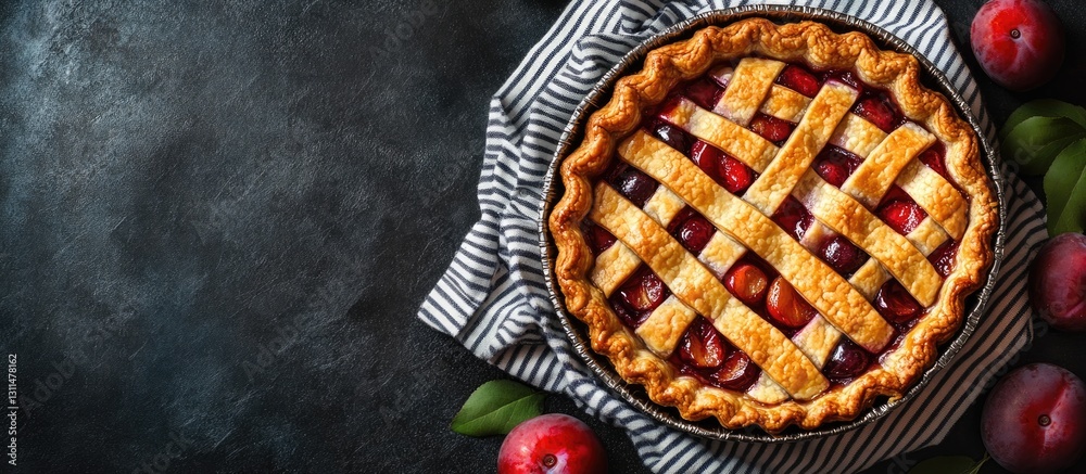 Poster Lattice topped plum pie in a metallic tart pan on a black textured surface with striped napkin and red plums arranged around it.