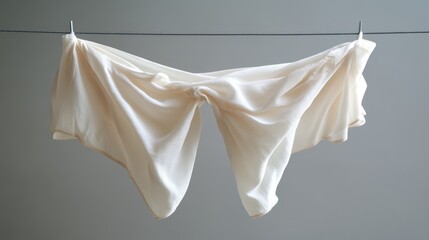 Cream fabric draped on clothesline indoors
