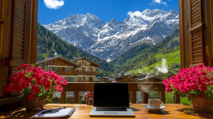 Laptop and coffee on balcony overlooking mountains and town