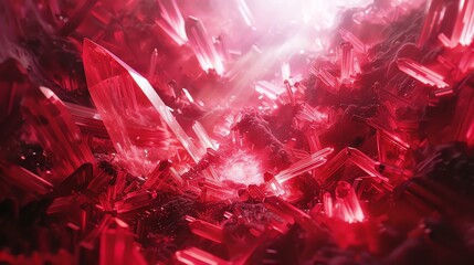 A cluster of red crystals with a bright light behind them.