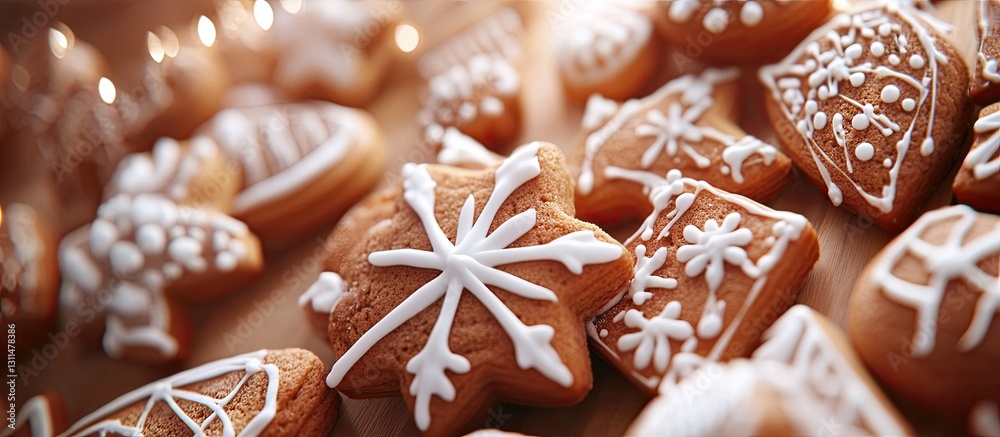 Poster deliciously decorated gingerbread cookies with white icing in star and tree shapes arranged on a woo